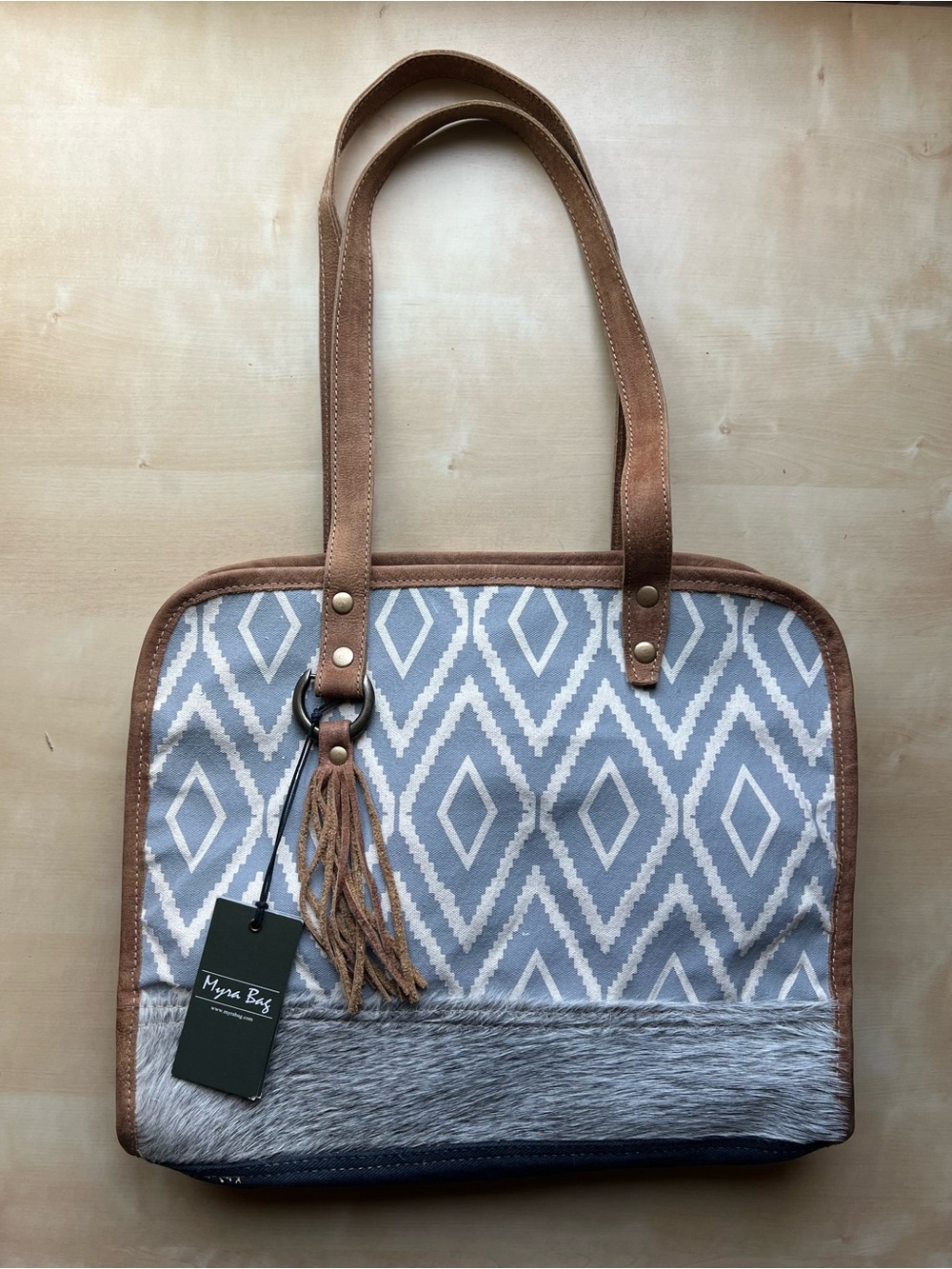 Myra Bag Western Inspired Geometric Canvas Tote with Cowhide & Leather Accents